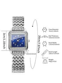 Women's Luxury Full Rhinestone Square Quartz Watch, Sapphire Blue Dial Full Rhinestone Alloy Band With Rhinestones, Versatile Wristwatch For Party And Banquet, Gift For Girlfriend (1pc/Set) Watch Box Not Included - Silver - View 3