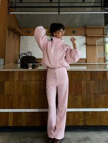 Women's 2 Pieces Set: Fashionable Casual Elegant Commute Daily Versatile Solid Color Jacket Windbreaker Coat And Long Pants Pink Fall - Pink - View 2