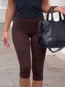 Leggings moulants élastiques 7/10 pour femmes Muse Moon, short taille haute à ceinture élastique, coupe slim, confortable et doux, adapté pour le yoga d'automne, le fitness et le port quotidien à la maison - Tabac - Voir 5