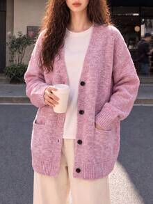 Women's Autumn/Winter Casual Minimalist Slouchy Loose Knit Cardigan Jacket - Purple Pink - View 4