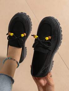 Contrast Color Wooden Bead Bowknot Lace-Up Suede Solid Color Retro Loafers Thick Platform Serrated Sole Slip-On Wedge Heel Shoes Fashion Versatile - Black - View 3