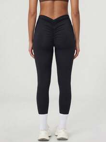 Women's Butt-Lifting Ruched Sports Base Layer Leggings, 3D Ruched Butt Design For Butt-Lifting And Curve Enhancement, Showcasing Charming Waist Dimples And Perky Butt, Tight Fit And Slimming For S-Curve, Comfortable Tight Fit, Suitable For Yoga, Fitness, Running And Street Style - Black - View 5