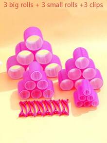 9pcs Self-Adhesive Hair Roller Set, Suitable For Different Hair Lengths, Heatless Curlers With Clips, DIY Hair Styling Tool - Hot Pink - View 9