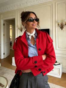 GMFP Women's Red Stand Collar Utility Short Jacket, Casual Commute Style Daily Shopping Commuting Independence Day World Cup Top - Red - View 5