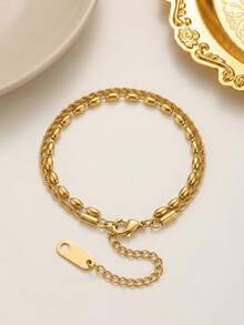 RAYQUEEN 1pc Stainless Steel Double Layer Chain Fashion Bracelet For Women Suitable For Daily Wear - Gold - View 4