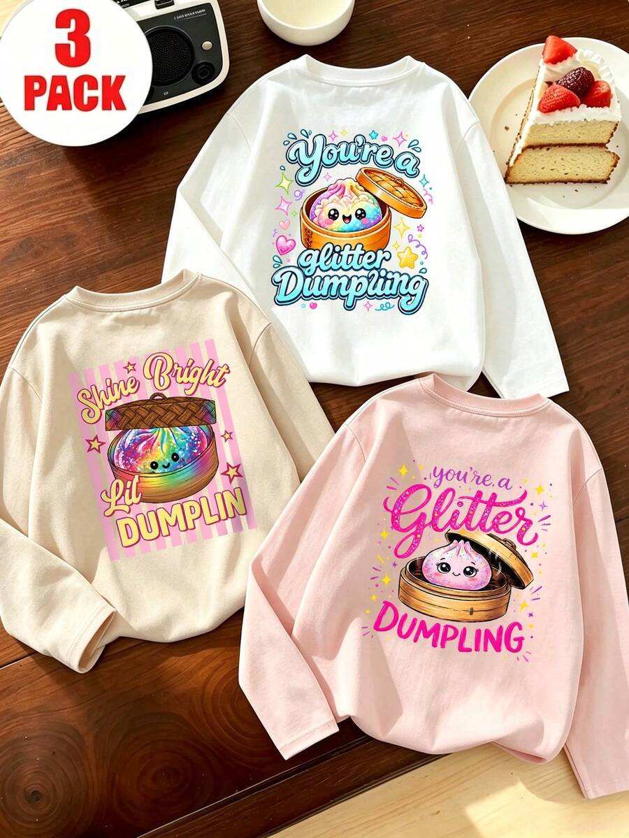 3pcs Girls Long Sleeve Crew Neck T-Shirt Set, Cute Glitter Dumpling Cartoon Print Top, Soft Casual Daily Autumn Tops For Little Girls - Multicolor - View 1