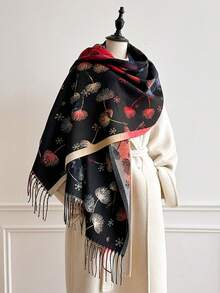 1pc Vintage Dandelion Botanical Tassel Rectangle Scarf 65*200cm, Brushed Polyester Faux Cashmere, Fall Winter Multi‑Use As Scarf Shawl Head Wrap - Multicolor - View 7