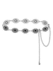 Retro Carved Alloy Waist & Pant Chain Set, Oval Floral Inlaid Gem Ornament, Adjustable Unisex All‑Match Waist Chain For All Seasons - Silver - View 13