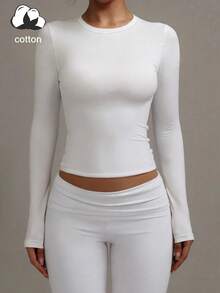 Women's Fitted Long Sleeve T-Shirt, Pure Cotton Material, Fashionable & Minimalist - White - View 3