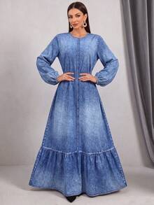 Women's Denim Effect Print Arabian Dress - Blue - View 3