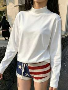 Girls' Solid Color Fitted Long Sleeve Mock Neck T-Shirt, Elastic Soft Basic Layering Top For Daily Wear, Suitable For Teenage Girls - White - View 2