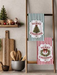 2pcs Red & Green Striped Classic Christmas Wreath & Christmas Tree Pattern Kitchen Towels, 40*60cm Soft Microfiber Tea Towels, Suitable For Home Kitchen, Restaurant, Outdoor Camping, Tabletop Cleaning, Dish Towel, Hand Towel, Christmas Theme Kitchen Towels, Holiday Gift - Multicolor - View 6