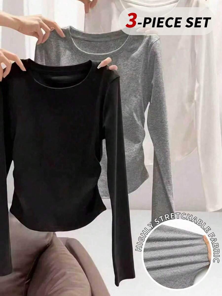 Autumn/Winter New Women's Fashion Elegant Casual Commute Versatile Classic Urban Modern Solid Color Side Ruched Design Small Round Neck Knit Top 3-Piece Set, All-Match Waist-Cinching Base Layer, Summer Top - Black, Gray, and White - View 1