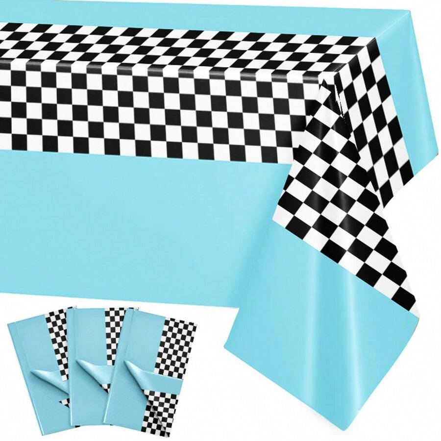 1pc/3pcs Black & White Checkered Tablecloth, 54 X 108 Inches, Theme Party, Racing Tablecloth, Suitable For Racing Birthday Party Decoration Supplies, Racing Party Gifts (Sky Blue) - Multicolor - View 1