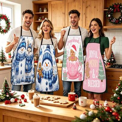 4pcs Christmas, Santa Claus, Bell, Snowflake, Reindeer, Christmas Tree, Snowman, Penguin, Gingerbread Man, Nutcracker, Christmas Animal Pattern Aprons, Suitable For Home Decor And Kitchen Use. Designed As Sleeveless Style, Perfect For Home Kitchen, Outdoor BBQ Cooking. This Printed Apron Is Unisex, Machine Washable And Reusable, Essential Kitchen Supplies, Top Choice For Christmas Gifts.