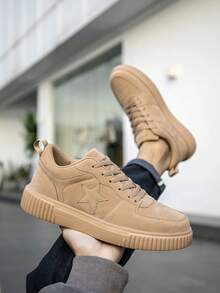 Men's Niche Minimalist Solid Color Patchwork Front Lace-Up Versatile Casual Sneakers, Outdoor Fashion Lightweight Daily Business Commute Comfortable Flat Sports Shoes - Khaki - View 8