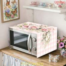 1pc/2D Microwave Dust Cover, Pink And White Plaid Background With Watercolor Pink Rose And Floral Leaf Print, Dust-Proof And Decorative, Beautifies Kitchen Countertop, Suitable For Microwave And Other Home Appliances, Polyester Material - Multicolor - View 8