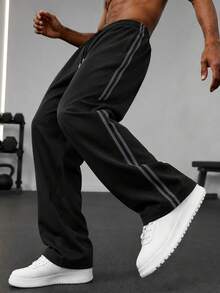 Men's Black Striped Straight Leg Loose Fit Casual Sports Pants, Versatile For Hiking, Fitness, Commuting, Autumn/Winter - Black - View 2