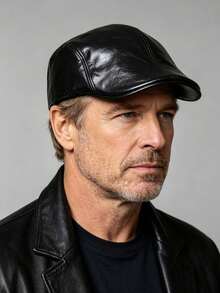 1pc Autumn Vintage Hong Kong Style Newsboy Cap PU Leather Beret Flat Cap For Middle-Aged And Elderly Men - A - View 6