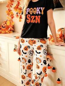 Conjunto de Pijama de Halloween para Mujer, Estampado de Temporada Espeluznante, Camiseta de Manga Corta, Pantalones Largos con Estampado de Calabaza y Fantasma, Ropa de Dormir Suave - Colores mixtos - Ver 2
