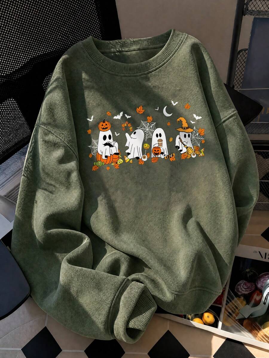 Women Crewneck Sweatshirt, Cute Ghost Pumpkin Halloween Graphic Loose Long Sleeve Pullover - Light Green - View 1