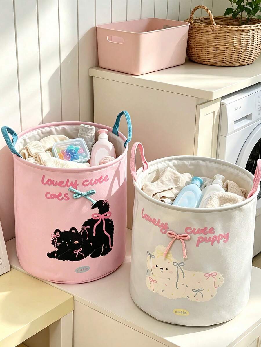 1pc Pink Cute Animal Print Laundry Basket, Minimalist Polyester Cylindrical Storage Bin With Side Handle, Large Capacity Clothing And Miscellaneous Storage, Suitable For Bedroom, Laundry Room, Home Daily Use