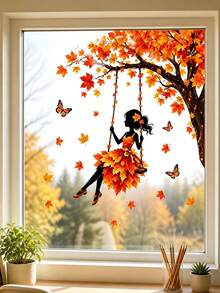 1pc Autumn Leaf Dancer Swing Silhouette Window Sticker, Glue-Free PVC Static Cling, Creative Aesthetic Maple Leaf Butterfly Fairy Glass Decal, Autumn Atmosphere Art Window Sticker Decoration, Suitable For Windows, Living Room, Bedroom, Balcony, Study, Autumn Home Decor - Multicolor - View 2