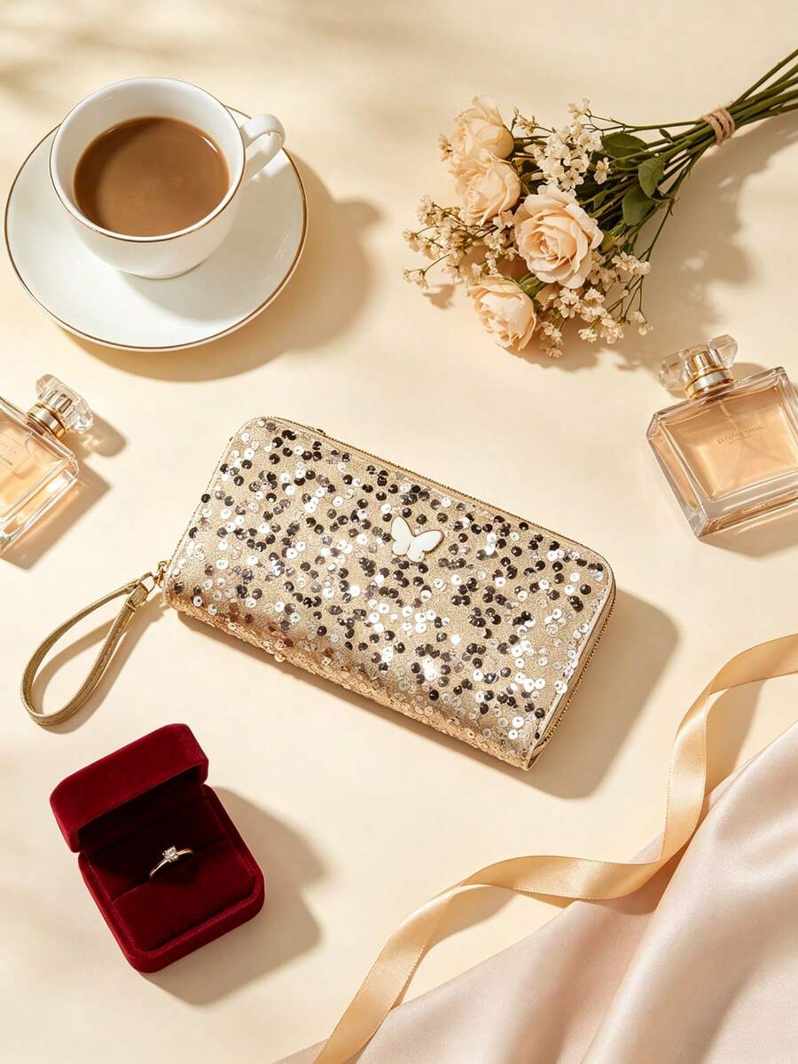 1pc Sequin Glitter Long Wristlet Clutch Wallet, Butterfly Decor Zipper Style, Evening Party Date Handbag, Ideal Gift For Women