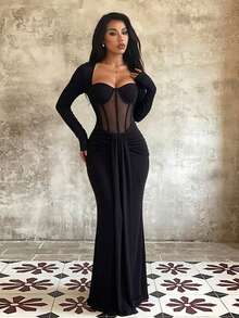 1pc Solid Color Elegant Knitted Fabric Dress For Wedding Autumn - Black - View 2