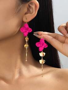 1 Pair Vintage Gold Floral Long Drop Earrings, Multi Layer Petal Tassel Dangle Earrings, Elegant Party Wedding Jewelry For Women - Silver Gold - View 18