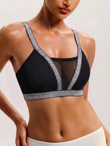 Women's Fashion Shiny Silver Ribbon Patchwork Wireless Bra, Mesh Sheer Sexy Black Lingerie - Black - View 4