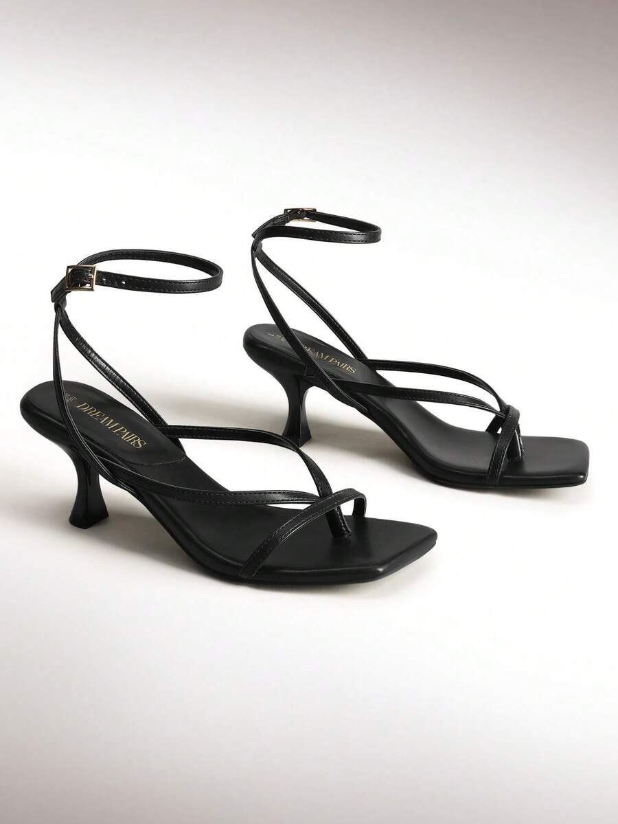 Women's Minimalist Low Kitten Heel Ankle Strap Thong Sandals, Sexy Square Toe Sandals With Fashionable Heel - Black - View 1