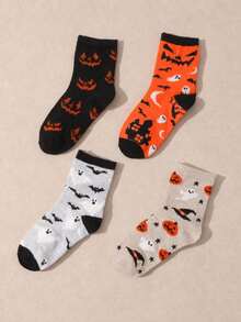 4 Pairs Kids Halloween Themed Ghost & Pumpkin Mid-Calf Socks, Gift Socks - Multicolor - View 4