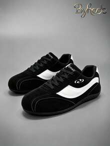 Byhode Men's Fashion Sports Shoes, Autumn/Winter Style, 1 Pair, Geometric Pattern PU Upper, Lace-Up Closure, Retro Round Toe, Casual Athletic Shoes - Black - View 2