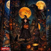24張+A 紅包神秘迷人萬聖節明信片,女巫與南瓜月光場景,附「Happy Halloween」文字,適合送給朋友,秋季節慶藝術風格 - 套裝 - 查看 6
