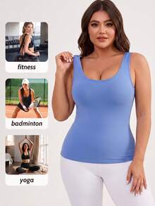 Plus Size Women's Built-In Bra Tank Top Scoop Neck Sleeveless Base Layer Cami For Fall Back To School Workout Daily Commute - Blue - View 3