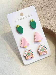 3 Pairs 1 Card Christmas Lights Pink Christmas Tree House Print Minimalist Personalized Cute Elegant Earrings - Multicolor - View 2