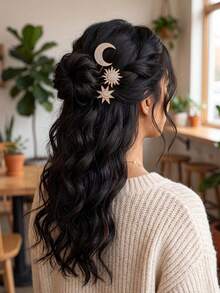 3pcs/Set Bohemian Style Sun Moon Star Hair Stick Set, Luxury Gold Shiny Rhinestone U-Shaped Hair Pins, Versatile Daily Photography Party Braided Hair Decoration Headpiece - Gold - View 6
