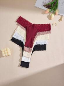 5pcs/Set Women's Lace Patchwork Thong Panties, Comfortable Skin-Friendly, Sexy Minimalist, Multi-Color Underwear Set - Multicolor - View 2