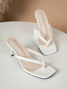Minimalist Women's Square Toe Thong Sandals, Slip-On Stiletto High Heel Daily Wear Shoes - White - View 5