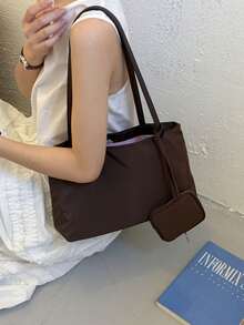 Tote Bag With Round Coin Purse And Small Square Pouch Charm, Large Capacity Multi-Compartment For Cosmetics And Personal Items, Snap Closure, Minimalist Casual Commuter Style, Suitable For Office Workers And Students For Daily Outings, Shopping And Classes, Dark Brown Shoulder Large Bag, Lightweight Versatile Practical Women's Bag - Coffee - View 2