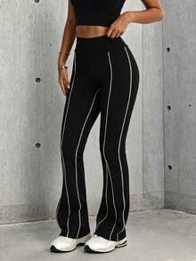 Hidkat Women's Solid Color High Waist Letter Yoga Casual Sports Knit Long Pants - Black - View 4