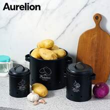 Aurelion 3 PiecesMatte Black Metal Vegetable Storage Canister Set, Potato Onion Garlic Keeper With Lid & Handle, Ventilated Kitchen Countertop Food Storage Bins - Black - View 7
