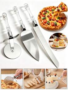2pcs Stainless Steel Cake Cutter And Scraper Set, Pizza Scraper, Cake Scraper, Serrated Bread Knife, Cream Scraper, Dough Cheese Cutter, Pastry Cutter, Kitchen Baking Accessories, Suitable For Bread - View 1
