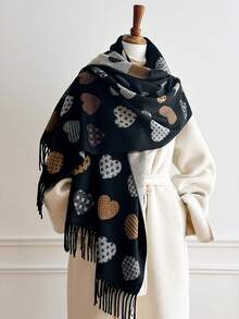 1pc Heart Pattern Jacquard Tasseled Thick Scarf 65*195cm, Polyester Core‑Spun Yarn, Fall Winter Shawl For Travel Party Outing, Wear As Scarf Shawl - Multicolor - View 8