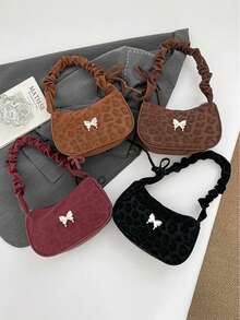 1pc Vintage Style Leopard Print Shoulder Bag, Ruched Strap With Metal Butterfly Decor Crescent Bag, Faux Suede Zipper Underarm Bag, Lightweight Handbag, Suitable For Girls/Children/Students, Applicable For Daily Commute/Street Outing/Shopping Date/ Outfit - Multicolor - View 7