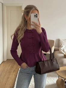 Women's Autumn Set: Vintage Burgundy Chinese Button Knit Cardigan, Round Neck Long Sleeve, Suitable For National Day And New Year - Burgundy - View 9