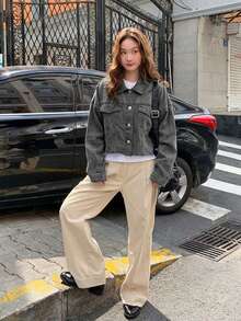 Women's Loose Fit Frayed Hem Denim Jacket - Grey - View 4