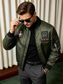 Men's Military Style Jacket, Embroidered Patch Zipper Front Flight Jacket, Baseball Collar Casual Streetwear Outerwear - Army Green - View 1