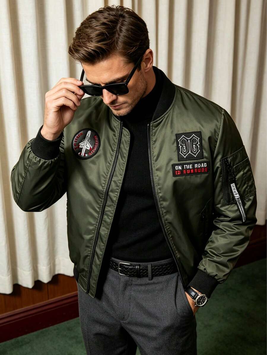 Men's Military Style Jacket, Embroidered Patch Zipper Front Flight Jacket, Baseball Collar Casual Streetwear Outerwear - Army Green - View 1